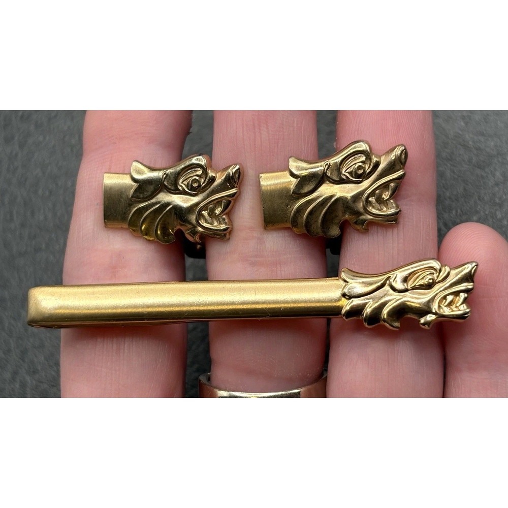 Vintage Pioneer Dragon Cufflinks Tie Clip Bar Men's Accessory Set Gold Tone